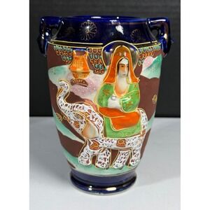 Vintage Japanese Satsuma Vase Oriental Scene Elephant Figure Handles Cobalt Blue
